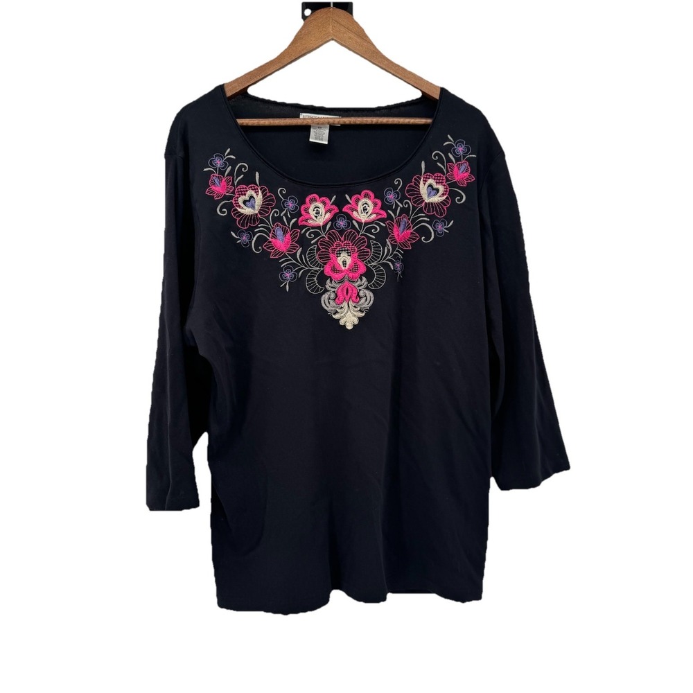 Rebecca Malone Top Black Cotton Colorful Embroidered Floral Pink Purple Artsy